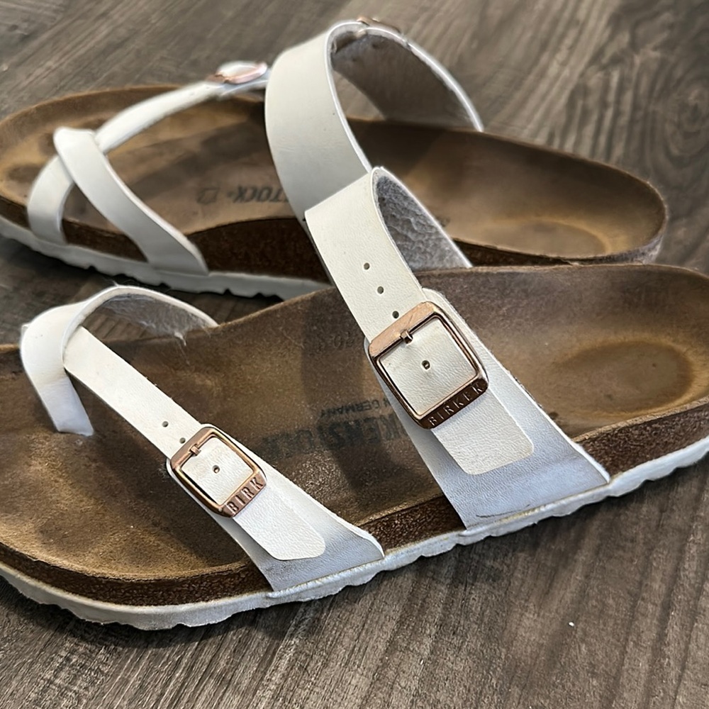 Birkenstock Mayari White Sandals with Rose Gold Buckles